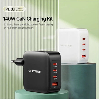 Carregador de Parede GaN Vention FEIW0-EU/ 3xUSB Tipo-C + Cabo USB Tipo-C/ 1xUSB/ 140W
