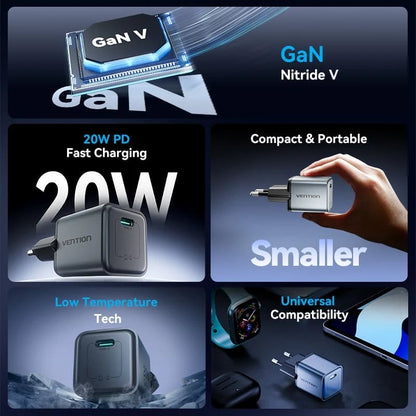 Cargador de Pared GaN Vention FEVH0-EU/ 1xUSB Tipo-C/ 20W