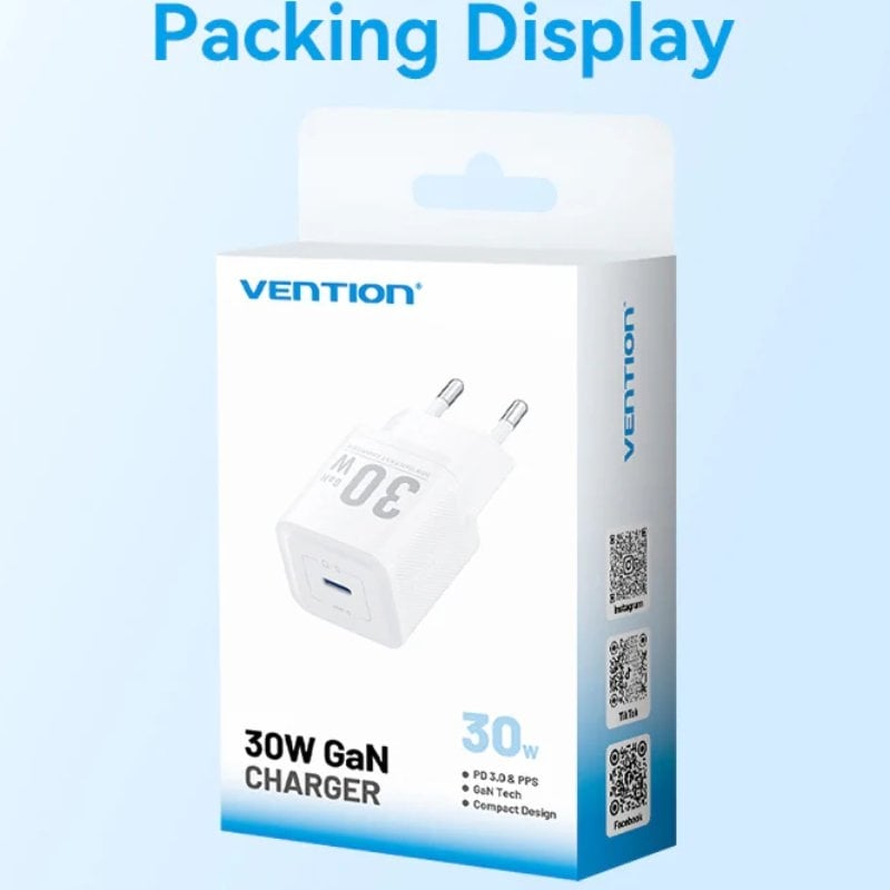 Carregador de Parede GaN Vention FEZW0-EU/ 1xUSB Tipo-C/ 30W