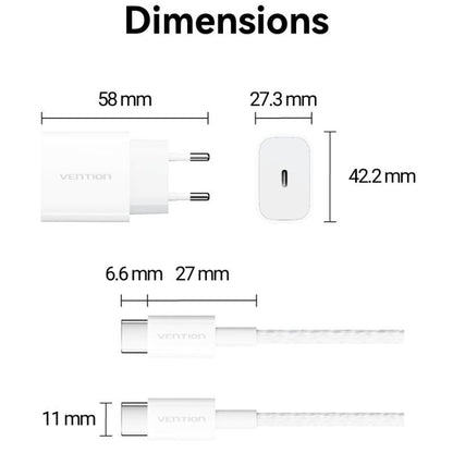 Cargador de Pared Vention G16W0-EU/ 1xUSB Tipo-C + Cable USB Tipo-C/ 20W