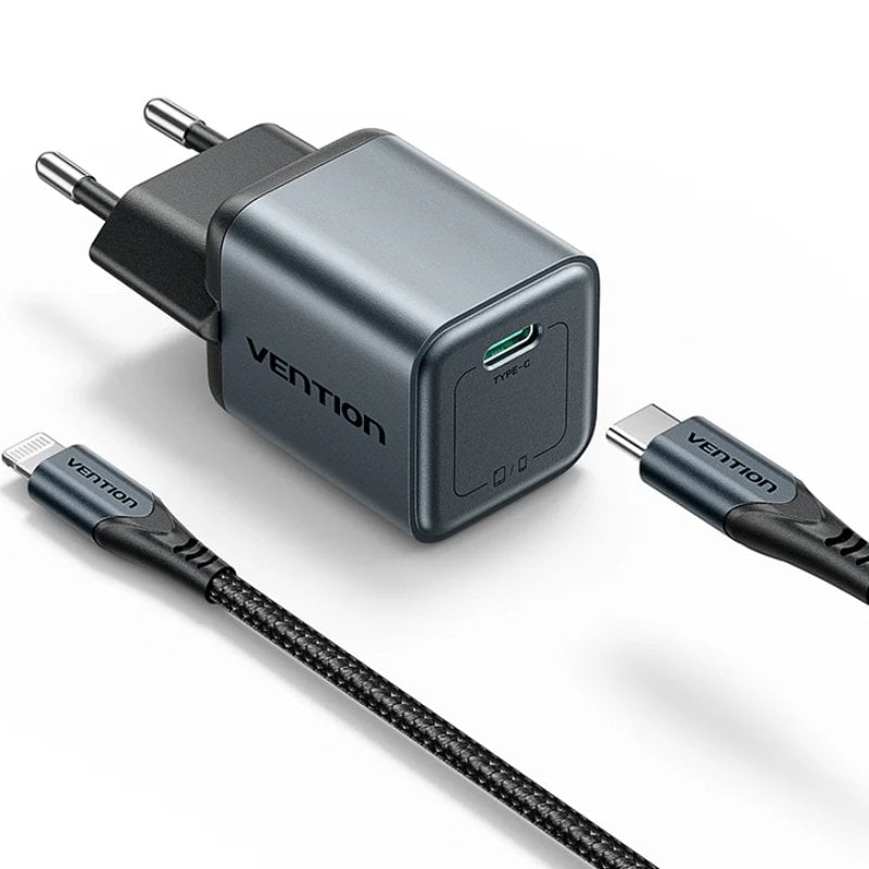 Carregador de Parede GaN Vention TZ-FEVH0-EU/ 1xUSB Tipo-C + Cabo Lightning/ 20W