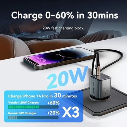 Carregador de Parede GaN Vention TZ-FEVH0-EU/ 1xUSB Tipo-C + Cabo Lightning/ 20W