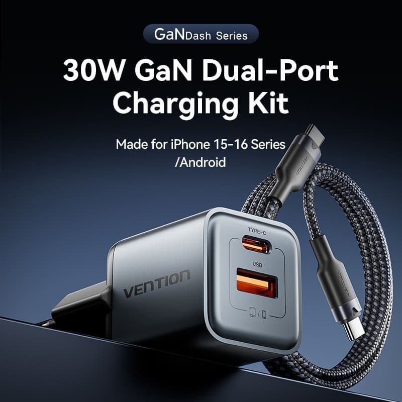 Cargador de Pared GaN Vention TZ-FEWH0-EU/ 1xUSB Tipo-C/ 1xUSB/ 30W