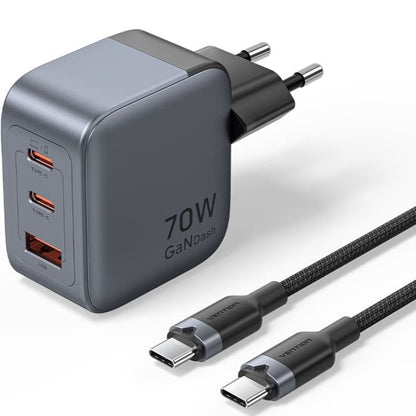 Carregador de Parede GaN Vention TZ-FEXH0-EU/ 2xUSB Tipo-C/ 1xUSB + Cabo USB Tipo-C/ 70W