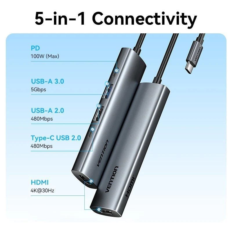 Docking USB Tipo-C Vention TGLHB/ 1xUSB Tipo-C/ 2xUSB/ 1xHDMI 4K/ 1xUSB Tipo-C PD/ Cinzento