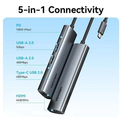 Docking USB Tipo-C Vention TGLHB/ 1xUSB Tipo-C/ 2xUSB/ 1xHDMI 4K/ 1xUSB Tipo-C PD/ Cinzento