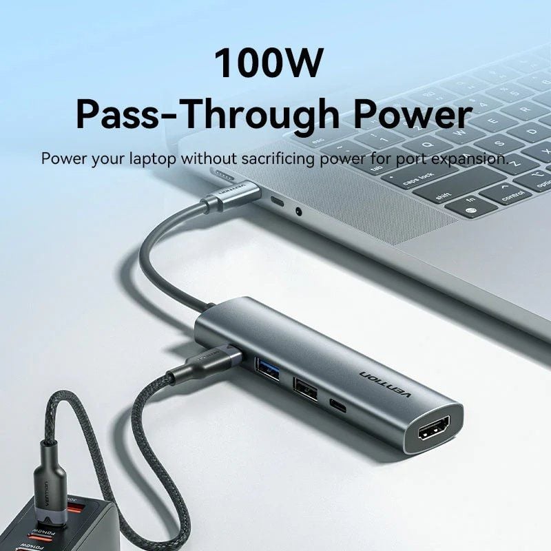 Docking USB Tipo-C Vention TGLHB/ 1xUSB Tipo-C/ 2xUSB/ 1xHDMI 4K/ 1xUSB Tipo-C PD/ Cinzento