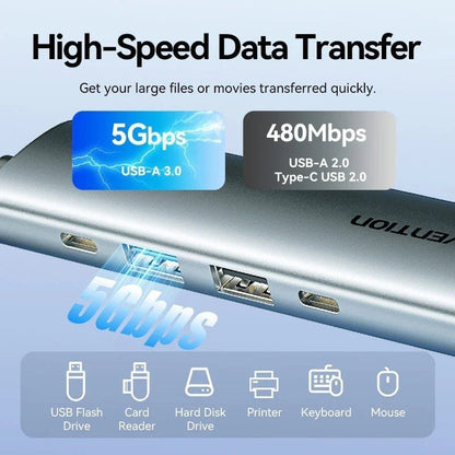 Docking USB Tipo-C Vention TGLHB/ 1xUSB Tipo-C/ 2xUSB/ 1xHDMI 4K/ 1xUSB Tipo-C PD/ Cinzento