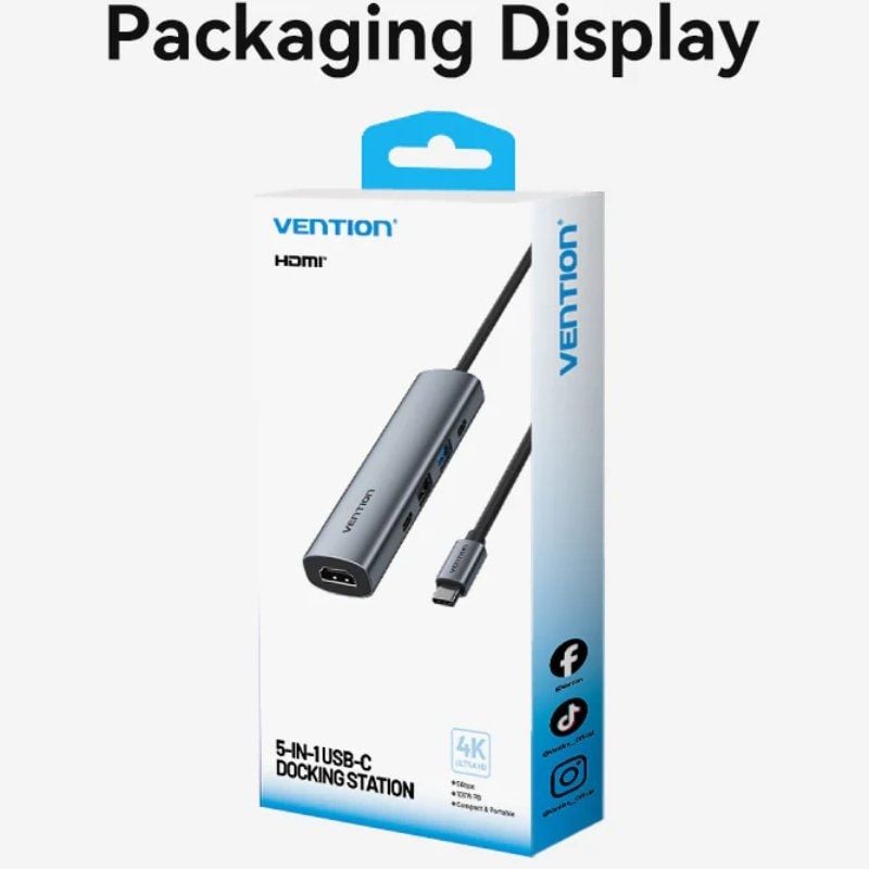 Docking USB Tipo-C Vention TGLHB/ 1xUSB Tipo-C/ 2xUSB/ 1xHDMI 4K/ 1xUSB Tipo-C PD/ Cinzento