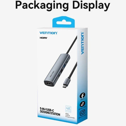 Docking USB Tipo-C Vention TGLHB/ 1xUSB Tipo-C/ 2xUSB/ 1xHDMI 4K/ 1xUSB Tipo-C PD/ Cinzento