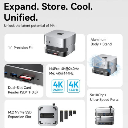 Docking para Mac Mini USB Tipo-C Vention THIHAG/ Slot SSD M.2/ 4xUSB/ 1xUSB Tipo-C/ 1xDisplayPort 4K/ 1xLeitor de Cartões/ 1xJack 3.5mm