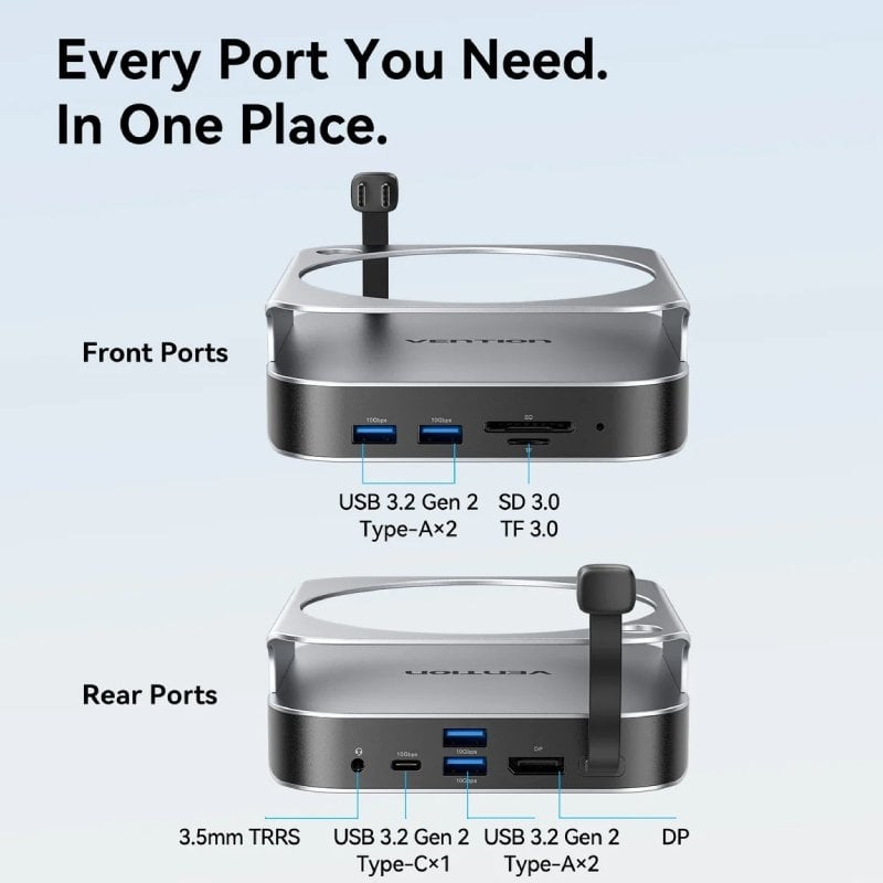 Docking para Mac Mini USB Tipo-C Vention THIHAG/ Slot SSD M.2/ 4xUSB/ 1xUSB Tipo-C/ 1xDisplayPort 4K/ 1xLeitor de Cartões/ 1xJack 3.5mm