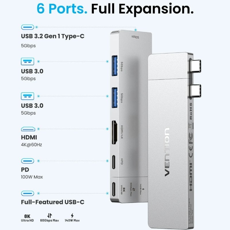 Docking USB Tipo-C Vention THZH0/ 1xHDMI 4K/ 2xUSB/ 2xUSB Tipo-C/ 1xThunderBolt/ 1xUSB Tipo-C PD/ Gris