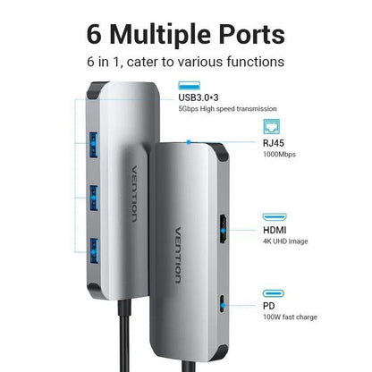 Docking USB Tipo-C Vention TOHHB/ 1xHDMI 4K/ 3xUSB/ 1xRJ45/ 1xUSB Tipo-C PD/ Cinzento