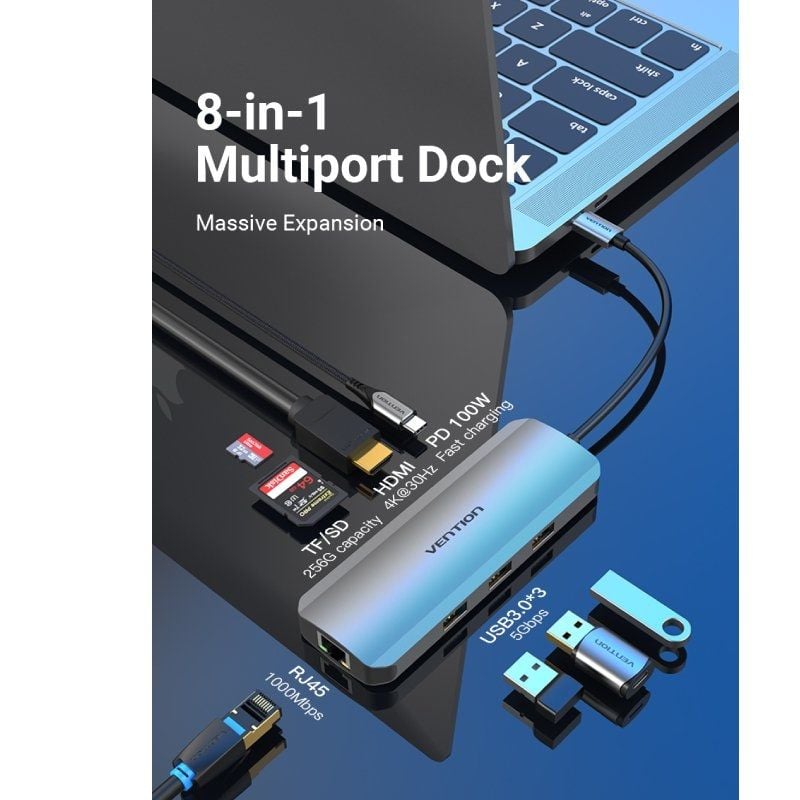 Docking USB Tipo-C Vention TOKHB/ 1xHDMI 4K/ 3xUSB/ 1xUSB Tipo-C PD/ 1xRJ45/ 1xLeitor Cartões SD e MicroSD/ Cinzento