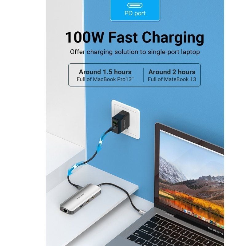 Docking USB Tipo-C Vention TOKHB/ 1xHDMI 4K/ 3xUSB/ 1xUSB Tipo-C PD/ 1xRJ45/ 1xLeitor Cartões SD e MicroSD/ Cinzento