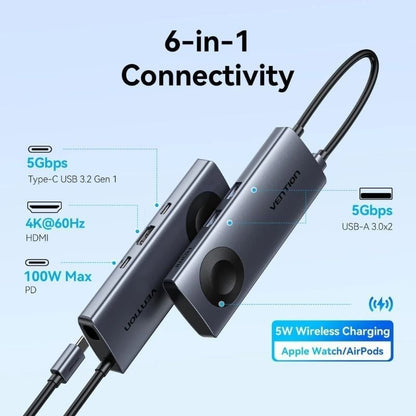 Docking USB Tipo-C com Carregamento Sem Fios Vention TPMHB/ 1xHDMI 4K/ 2xUSB/ 1xUSB Tipo-C/ 1xUSB Tipo-C PD/ Cinzento