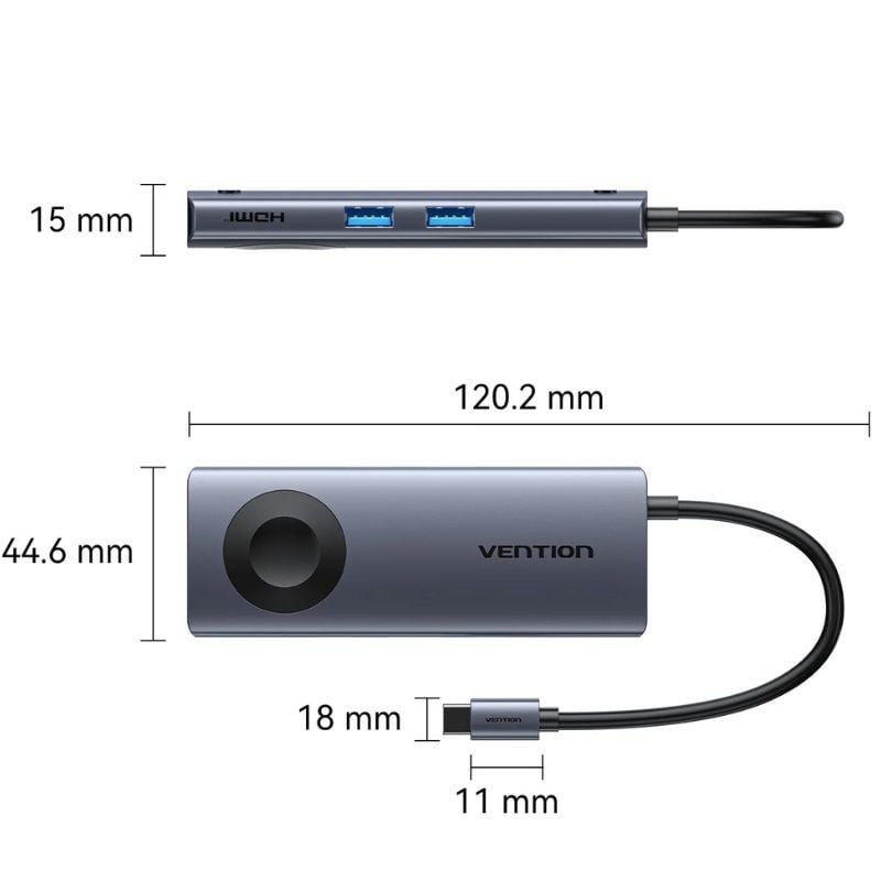 Docking USB Tipo-C com Carregamento Sem Fios Vention TPMHB/ 1xHDMI 4K/ 2xUSB/ 1xUSB Tipo-C/ 1xUSB Tipo-C PD/ Cinzento