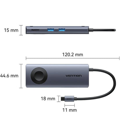 Docking USB Tipo-C com Carregamento Sem Fios Vention TPMHB/ 1xHDMI 4K/ 2xUSB/ 1xUSB Tipo-C/ 1xUSB Tipo-C PD/ Cinzento