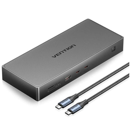 Docking USB Tipo-C Vention TPWH0/ 2xHDMI 4K/ 1xDisplayPort/ 3xUSB/ 2xUSB Tipo-C/ 1xUSB Tipo-C PD/ 1xRJ45/ 1xLeitor de Cartões/ Cinzento