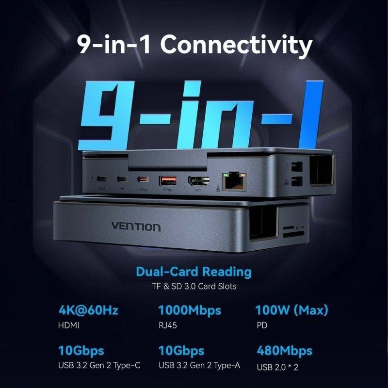 Docking USB Tipo-C para Steam Deck / Switch Vention TPZH0/ 2xHDMI 4K/ 3xUSB/ 1xUSB Tipo-C/ 1xUSB Tipo-C PD/ 1xRJ45/ 1xLeitor de Cartões/ Cinzento