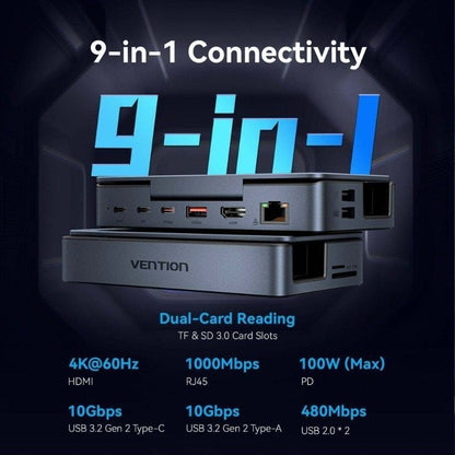 Docking USB Tipo-C para Steam Deck / Switch Vention TPZH0/ 2xHDMI 4K/ 3xUSB/ 1xUSB Tipo-C/ 1xUSB Tipo-C PD/ 1xRJ45/ 1xLeitor de Cartões/ Cinzento