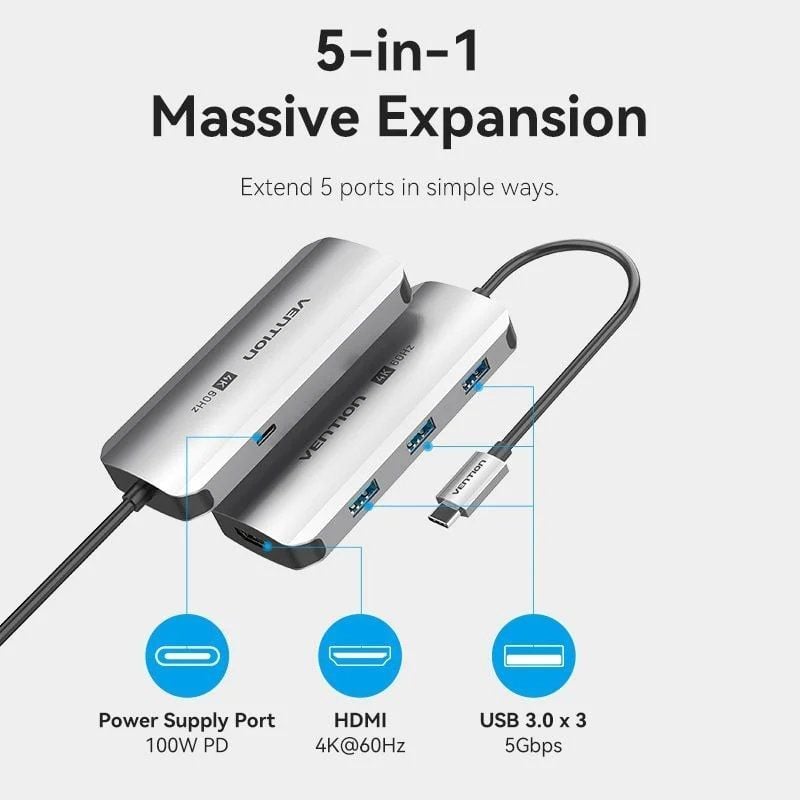 Docking USB Tipo-C Vention TQDHB/ 1xHDMI 4K/ 3xUSB/ 1xUSB Tipo-C PD/ Cinzento