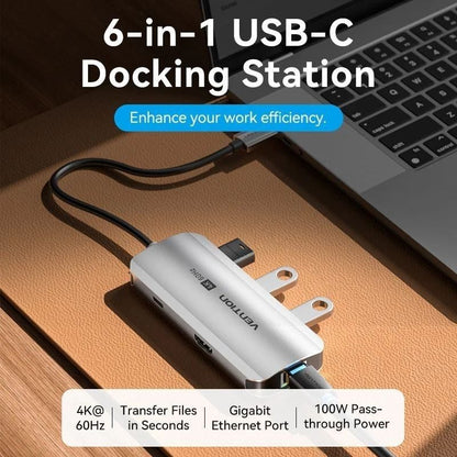 Docking USB Tipo-C Vention TQHHB/ 1xHDMI 4K/ 3xUSB/ 1xUSB Tipo-C PD/ 1xRJ45/ Cinzento