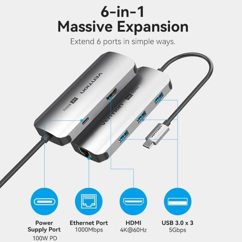 Docking USB Tipo-C Vention TQHHB/ 1xHDMI 4K/ 3xUSB/ 1xUSB Tipo-C PD/ 1xRJ45/ Cinzento