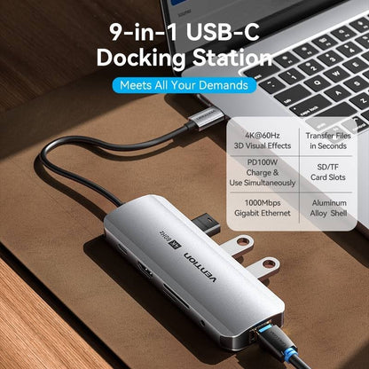 Docking USB Tipo-C Vention TQLHB/ 1xHDMI 4K/ 3xUSB/ 1xUSB Tipo-C PD/ 1xRJ45/ 1xJack 3.5mm/ 1xLector de Tarjetas/ Gris