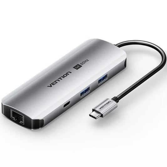 Docking USB Tipo-C Vention TQMHB/ 1xHDMI 4K/ 2xUSB/ 1xUSB Tipo-C/ 1xJack 3.5mm / 1xRJ45/ 1xUSB Tipo-C PD/ 1xLector Tarjetas/ Gris
