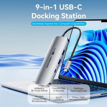Docking USB Tipo-C Vention TQMHB/ 1xHDMI 4K/ 2xUSB/ 1xUSB Tipo-C/ 1xJack 3.5mm / 1xRJ45/ 1xUSB Tipo-C PD/ 1xLector Tarjetas/ Gris