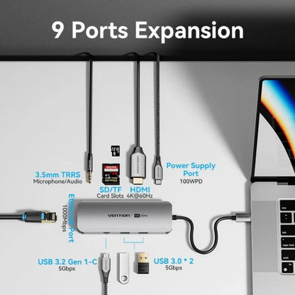Docking USB Tipo-C Vention TQMHB/ 1xHDMI 4K/ 2xUSB/ 1xUSB Tipo-C/ 1xJack 3.5mm / 1xRJ45/ 1xUSB Tipo-C PD/ 1xLector Tarjetas/ Gris