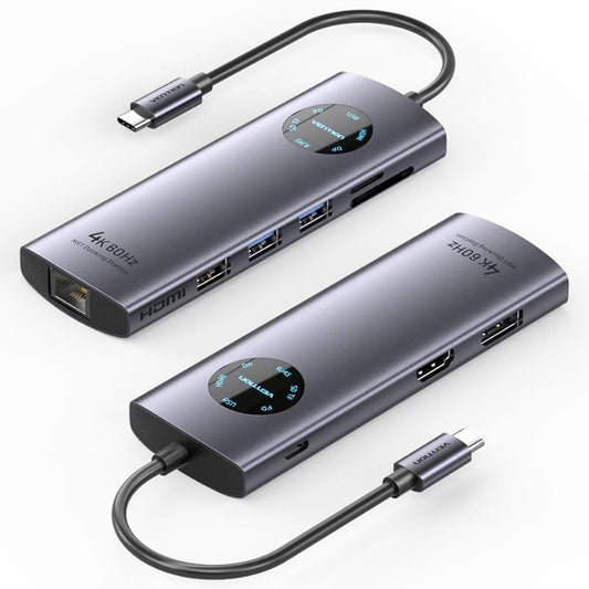 Docking USB Tipo-C Vention TQUHB/ 1xHDMI 4K/ 1xDisplayPort/ 3xUSB/ 1xRJ45/ 1xUSB Tipo-C PD/ 1xLeitor Cartões/ Cinzento