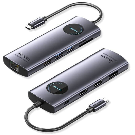 Docking USB Tipo-C Vention TQWHB/ 2xHDMI 4K/ 1xDisplayPort/ 3xUSB/ 1xUSB Tipo-C PD/ 1xRJ45/ 1xLeitor de Cartões/ Cinzento