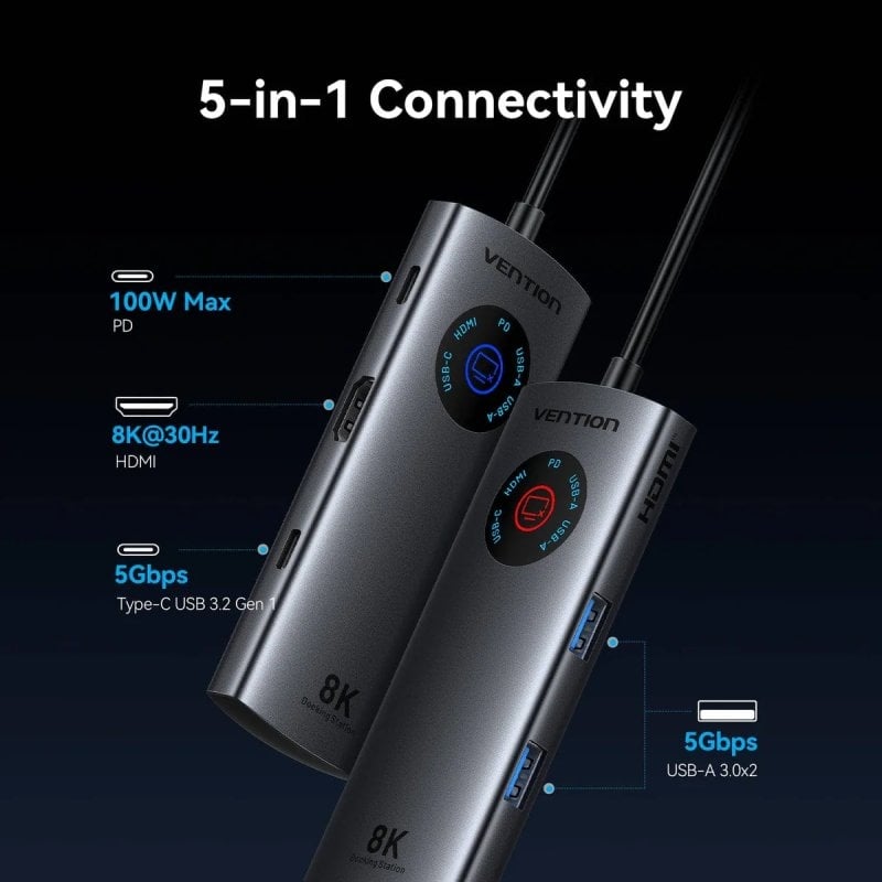 Docking USB Tipo-C Vention TQXHB/ 2xUSB/ 1xUSB Tipo-C/ 1xHDMI/ 1xUSB Tipo-C PD/ Cinzento