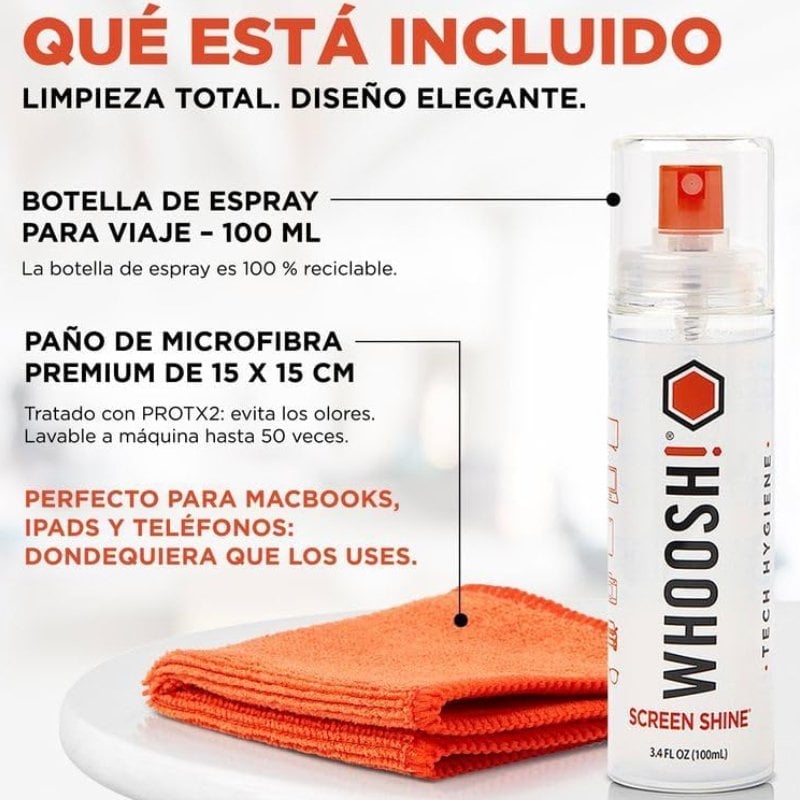 Kit de Limpeza de Ecrãs Whoosh Kit GO XL WSH003/ Spray 100ml + Pano de Microfibra