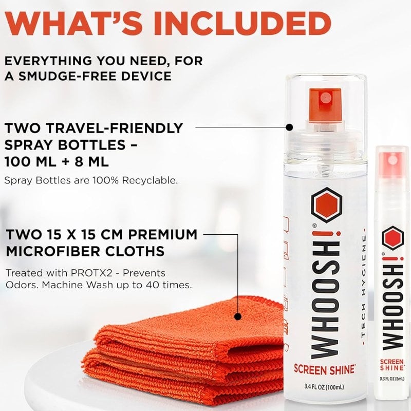 Kit Limpiador de Pantallas Whoosh Kit DUO WSH004/ Spray 100ml + Spray 8ml + 2 Paños Microfibra