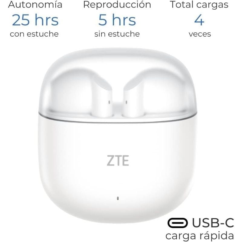 Auscultadores Bluetooth ZTE Buds 2 com estojo de carregamento/ Autonomia 5h/ Brancos